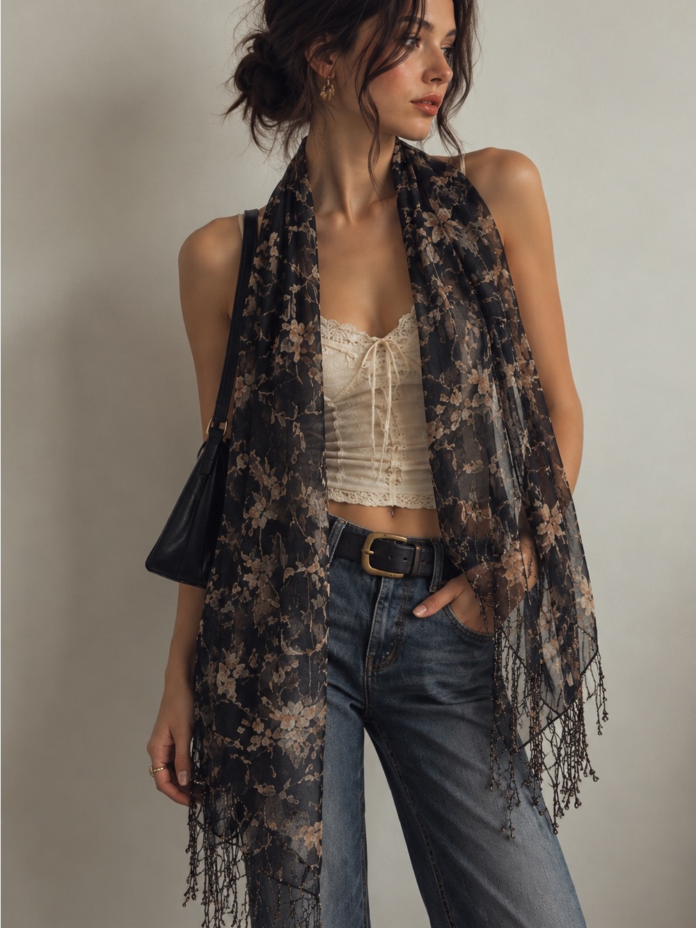 Vintage Black Floral Silk Scarf Fringed OS Whimsical Goth